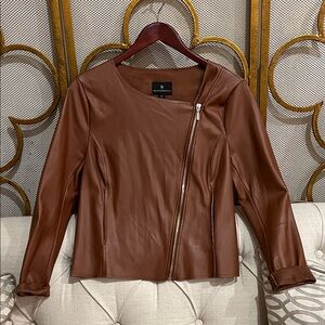 Worthington Asymmetrical Zipper Leather Jacket in Rich Brown